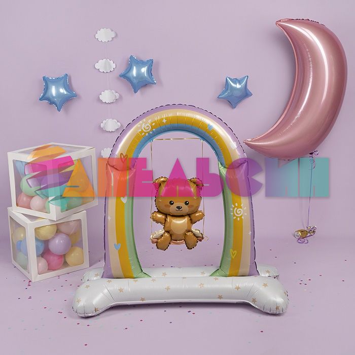 Шар ХОД Мишка на качелях FL39"/99см на подставке (Китай) воздух 23948